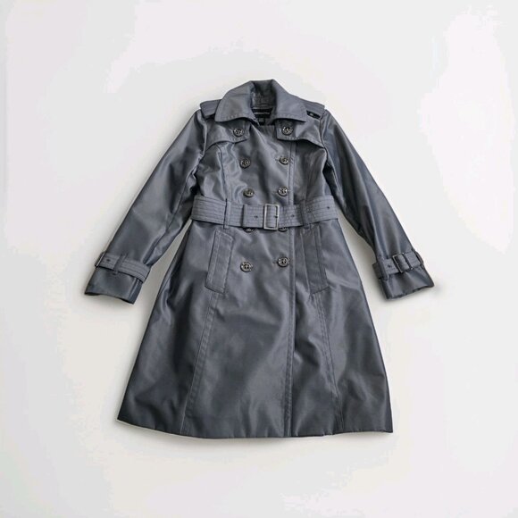 London Fog Trench Coat Womens PS Gray Metallic Pockets Belt Buttons Detach Liner - Picture 9 of 16